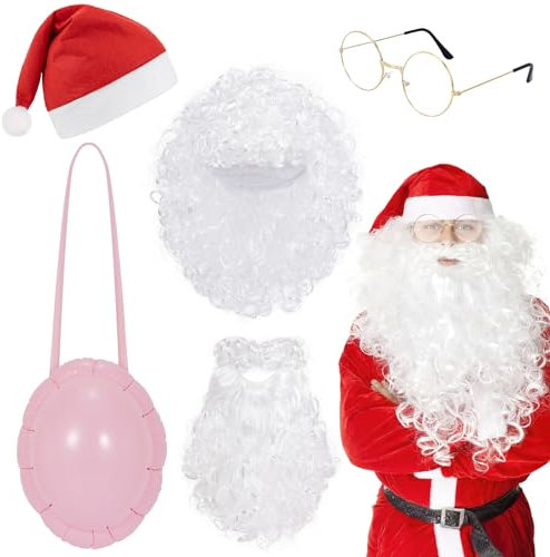 Hifot 6 Pièces Costume Pere Noel,Bonnet Noel Barbe Perruque Pere Noel Faux Ventre Lunettes Déguisement Pere Noel Adulte le Costume du Pere Noel Accessoires