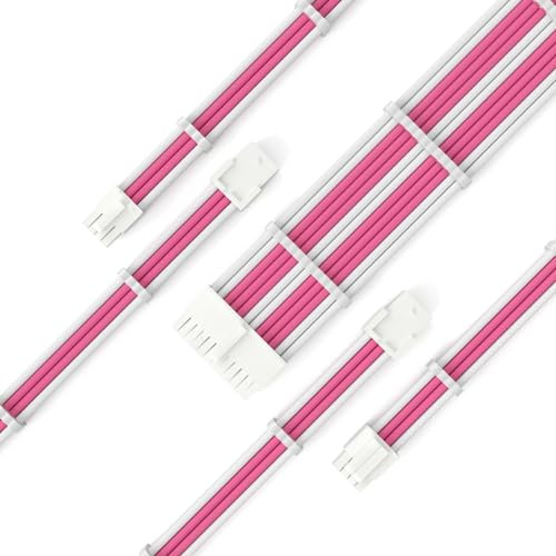Sirlyr PSU Extension Cable Kit,Custom Sleeved Power Supply Cable Mod for Girl's PC Build 16AWG 1x24Pin ATX /2x8 (4+4) Pin EPS CPU Cable /2x8 (6+2) Pin PCI-E GPU Cables 5PCS Pink&White