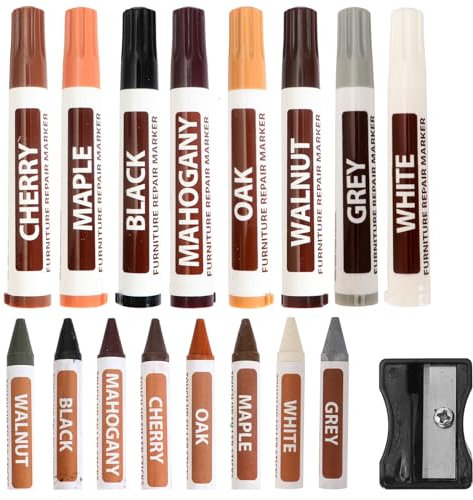 Furniture Repair Kit Wood Markers Touch Up Repair Pen Premium Furniture Marker and Wax Sticks for Stains Scratches Floors (17 Pc Set)