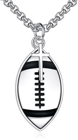 YFN Fußball Halskette Sterling Silber Niemals Aufgeben Anhänger Kreuz Schmuck Fußball Rugby Liebhaber Geschenke für Damen Herren Mädchen Jungen Fußballspieler