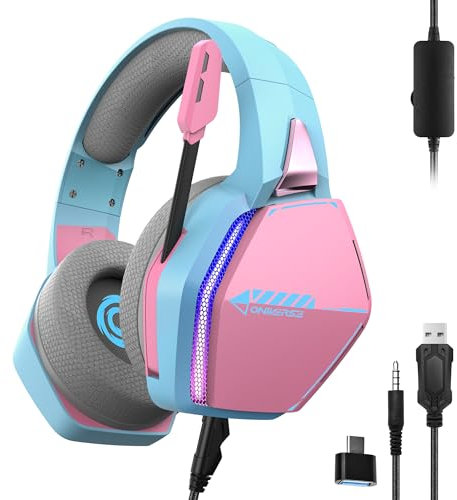 Oniverse Gaming-Headset kompatibel mit PS5 PS4 Switch Xbox PC Mac mit verstellbarem Mikrofon, LED, 50mm Lautsprechern, atmungsaktiven Stoff-Ohrpolstern - Nebula Diva Pink