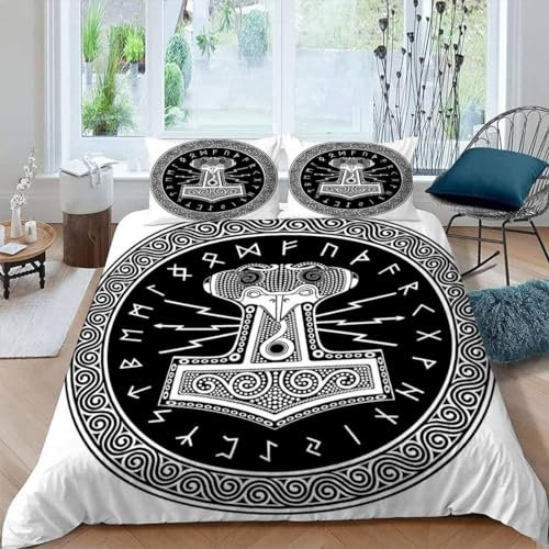 MEVASA Bettwäsche 135x200 Wikingerhammer Bettwäsche-Set 3 Teilig 3D-Druck Retro-Wikinger Bettbezug 135x200 mit Reißverschluss Weiche Mikrofaser Kinderbettwäsche mit 2 Kissenbezug