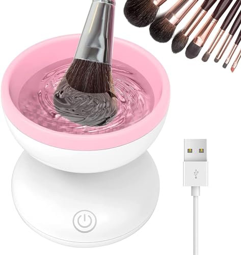 Machine électrique à Nettoyer Les Pinceaux De Maquillage Mini Nettoyeur De Pinceaux De Maquillage USB Automatique Outils De Nettoyage De Pinceaux Cadeaux Pour Les Femmes (Blanc/Rose)
