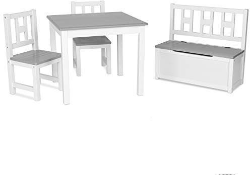 ib style Luca Kindersitzgruppe mit 2 Stühlen, Kindersitzgruppe, Truhenbank, Holz, Sicherheitsgeprüft, Weiß/Grau, 4 teilig: Tisch + 2 Stühle + Truhenbank