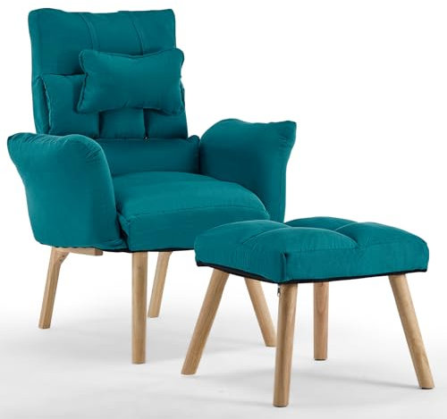 TUKAILAI Relaxsessel mit liegefunktion,Fernsehsessel,Polstersessel aus Baumwolle und Leinen,Sessel mit schlaffunktion,ohrensessel mit hocker,verstellbar Einzelliegesessel Wohnzimmer Heimkino,Blau