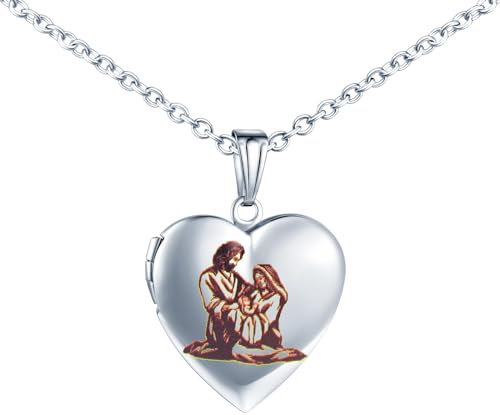 MICMIF Halskette Herz Medaillon mit Heilige Familie Maria, Josef und Jesus, Religiöse Medaille Amulett Halskette für Bild Foto Personalisiert, Edelstahl Bilder Medaillon Schmuck für Damen Mädchen