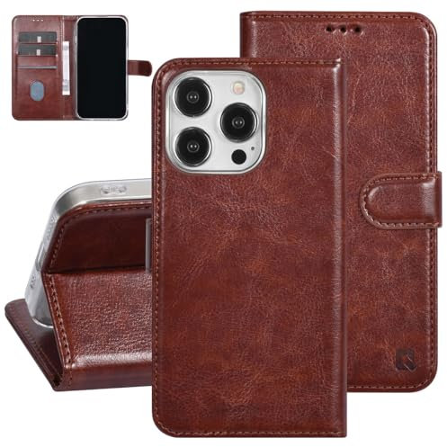 UNIQ Accessories Hülle für Apple iPhone 15 Pro, Kartenhalter für 3 Karten, Magnetverschluss + 2 Displayschutzfolien aus gehärtetem Glas (Braun, Apple iPhone 15 Pro)