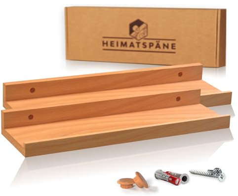 Heimatspäne 2er-Set Bilderleiste Kernbuche 40cm - Wandregal Holz [inkl. Schraubenabdeckungen aus Echtholz] Regalbrett Holz als Wandboard oder Schweberegal