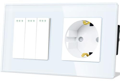 TAWOIA Lichtschalter mit Steckdose 3 Fach 1 Weg Glas Platte Unterputz Taste Schalter mit Schuko Steckdose 16 Amp 86 * 157mm Weiß Wechselschalter