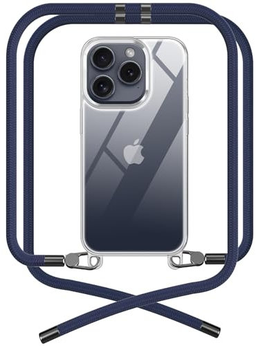 OLEPHY Premium Handykette für Apple iPhone 14 Pro Hülle mit Band | Transparente Handyhülle mit hochwertiger Abnehmbarer Kordel zum Umhängen - Smartphone Necklace [Dunkelblau]