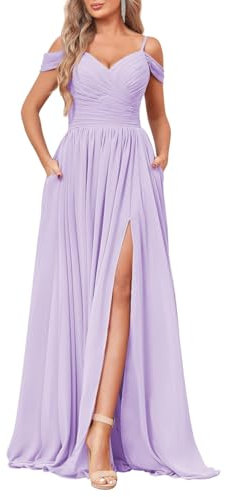 YIANN Schulterfreies Brautjungfernkleid für Damen, mit Taschen, Seitenschlitz, Chiffon, langes formelles Kleid, Flieder, 40