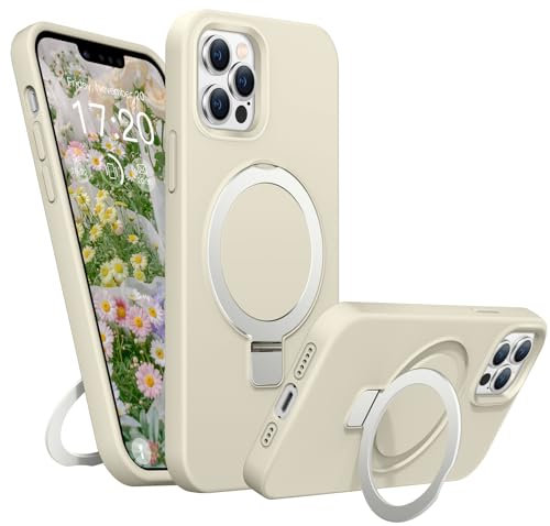 BENTIACC Liquid Silikon handyhülle für iPhone 13 pro max hülle, für Mag-Safe mit Unsichtbarem Ständer 4 Schichten stoßfeste Kratzfeste Schutzhülle für iPhone 13 pro max (Beige)