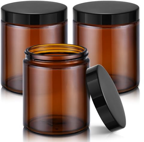 Tecohouse 8oz Amber Glass Jars with Lids, 3 Pack Candle Jars with Blank Labels, 250g Wide Mouth | Lotion Container for Sample, Cream, Lotion, Honey, Powder, Jelly | Home & Beauty