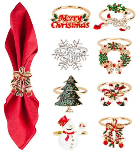 Weihnachten Serviettenringe, 8pc Weihnachten Thema Serviette Schnallen Schneemann Rentier Santa Strümpfe Schneeflocke Serviette Schnalle, Serviettenhalter Tischdekoration für Hochzeit Weihnachten