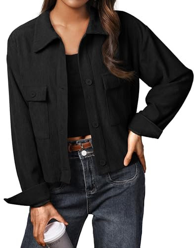 IWOLLENCE Jacket Women Ladies Casual Jackets Women’s Corduroy Shirt Jacket UK Lapel Button-Down Long Sleeves with Pockets (Black, L)