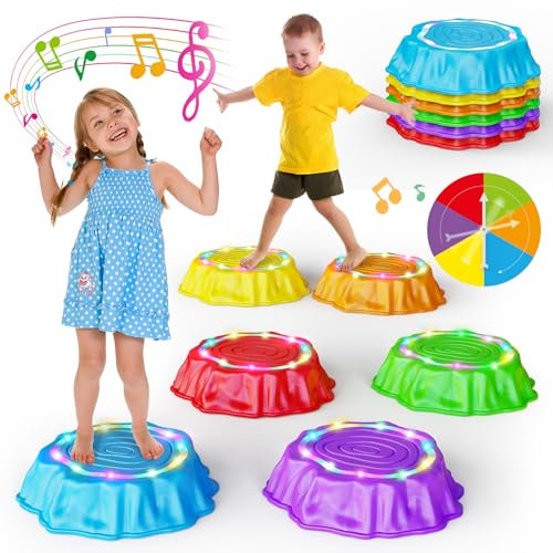 Jofuni Leuchtende Balanciersteine für Kinder mit Musik – 6er Stapelbare Balance Steine für Indoor & Outdoor Stapelsteine Motorikspielzeug Gleichgewichtstrainer für Kleinkinder ab 2 3 4 5 6 Jahre