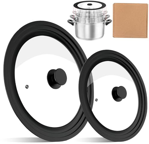LEKEFETO 2 stycken universallock, pannlock för Ø 16/18/20 cm och 24/26/28 cm för krukor, glaslock för pannor med värmebeständig silikonkant, grytlock för mångsidig matlagning – svart