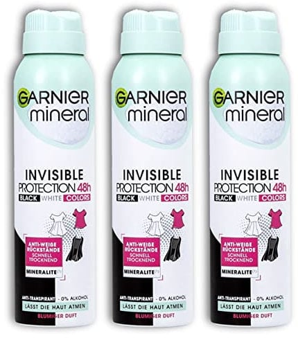 3 er Pack Garnier Mineral Deospray Invisible Protection 48H Black, White & Colors Deodorant 3 x150ml