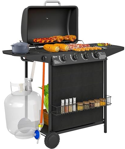 Outsunny Barbecue a Gas in Acciaio, BBQ a Gas a Bruciatori Indipendenti 4+1 con Coperchio, Termometro, Ruote, Griglie, Tavolino Laterale, Portaspezie e Vaschetta Raccogli Grasso, Regolatore, Nero