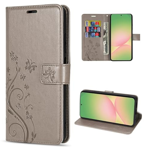 Handyhülle kompatibel mit Samsung Galaxy A56 | Premium PU Leder Handy Hülle Wallet Case | Schutzhülle Blumen Klapphülle | Grau