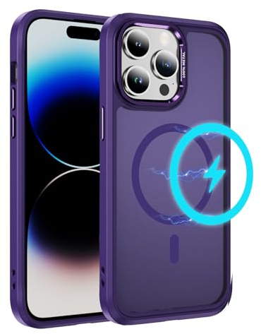 LCHULLE Cover Magnetica per iPhone 14 Pro Traslucida Opaca Sottile,Viola | Compatibile con MagSafe,Semi-trasparente Opaca Sottile Custodia, Protettiva PC Back + TPU Bumper,Protezione Antiurto Cover