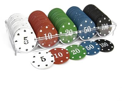 YIMINGOUFEI Set di fiches da poker con 100 pezzi, qualità da casinò, fiches più farbige (5-10-20-50-100), con scatola di riserva