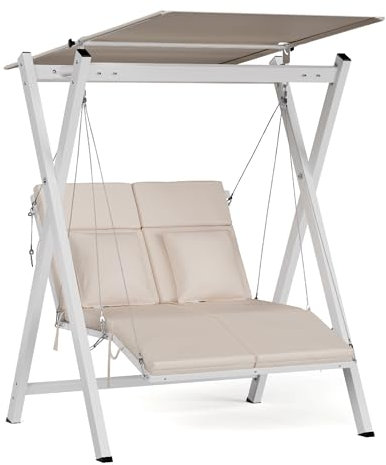 blumfeldt FlexiSwing Hollywoodschaukel 2-Sitzer – Verstellbare Rückenlehne & Sonnendach, 160 kg Belastung, Wetterfester Stahlrahmen, Dicke Kissen Für Komfort