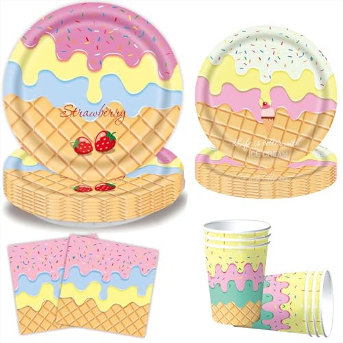 JUNBAOYYDS Eiscreme Partyteller, Eiscreme party, Eiscreme geburtstag, Eiscreme Party Tischdekoration,Geburtstagsparty Geschirr Set für 10 Gäste