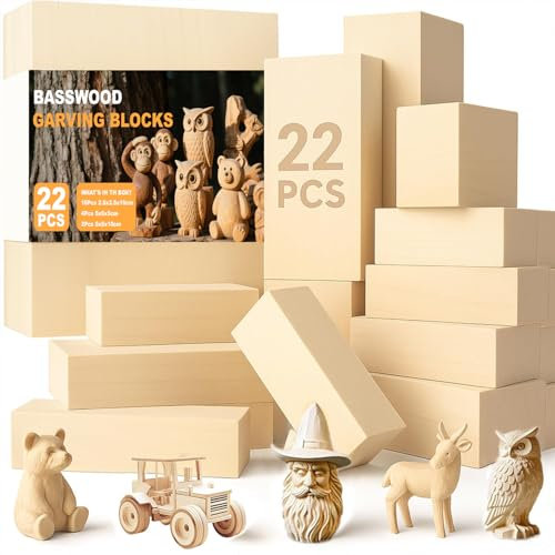 Quuylin 22PCS Madera para Tallar Tilo, Bloques de Tallado de Madera de Tilo, 3 Tamaños Tacos Madera para Tallado a Mano DIY y Torneado, Listones de Madera para Niños y Adultos