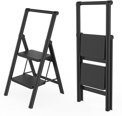 HENGMEI Scala pieghevole in alluminio, a 2 gradini, antiscivolo, con pedale antiscivolo, portata 150 kg (con corrimano)