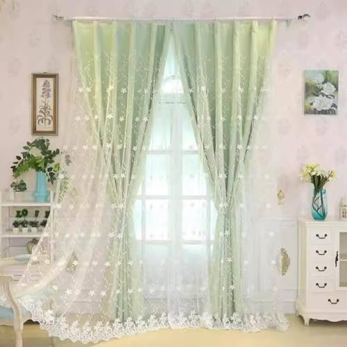 Musihy Tenda Coprente Oscurante per Finestra, 132x160cm Tessuto tinta unita e trasparente con piccolo fiore ricamato Tende oscuranti per la finestra del soggiorno in Filato di lino, Verde chiaro