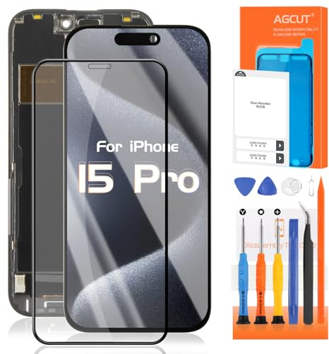 AGCUT Display LCD für iPhone 15 Pro LCD Bildschirm für iPhone 15Pro A2848 A3101 A3102 A3104 6,1 Zoll Bildschirmersatz LCD Screen Digitizer Full Assembly mit Rahmen, Schwarz