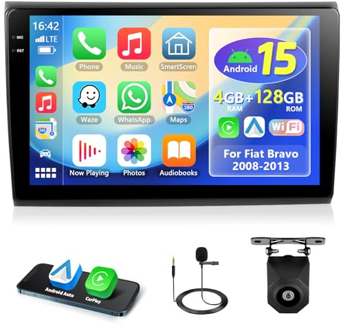 Motorsi 4GB RAM + 128GB Autoradio für FIAT Bravo 2008-2013 mit Wireless Carplay Android Auto Navi Android Touchscreen 9 Zoll GPS/WiFi/Bluetooth/FM/RDS/SWC/EQ/Canbus+Mic+AHD Rückkamera