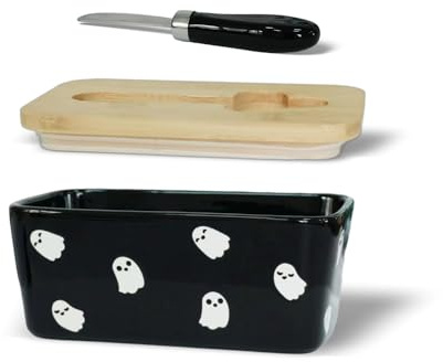 Domini Halloween Ghost face Large Butter Dish,Ceramic Butter Dish with lid and Knife, Butter Keeper Double Silicone Seals, Perfect for 2 Sticks of Butter, Black