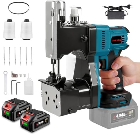 ONEVAN Elektrische Sacknähmaschine 8-15mm Nähdicke mit Fadenschneider | 2700 Stiche/Min, 210W Bürstenlos, 2x4,0Ah Akkus, Hohe Stabilität und Langlebigkeit, Für Sandsäcke, Kraftpapierbeutel