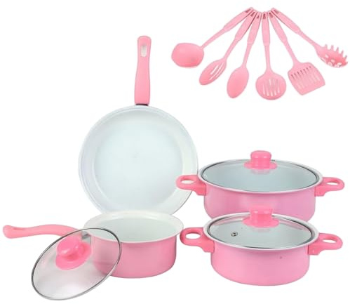 Licsaliwe Set di pentole in ghisa Antiaderente, pentole a induzione da 13 Pezzi, padelle con coperchi e Maniglia Comoda, Set da Cucina Carino Senza PFOA