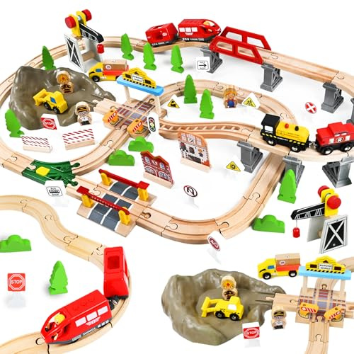 PATEMZON Holzeisenbahn Set, 100-teiliges Holzeisenbahn Schienen und Zugspielzeug mit Magnetkran, Modelleisenbahn-Set, Spielzeugeisenbahn-Set für Kinder, Geschenk für Jungen und Mädchen ab 3 Jahren