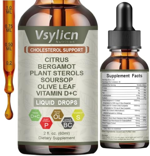 Cholesterol Support Drops with Citrus Bergamot & Plant Sterols – Heart & Lipid Health Supplement with Soursop, Olive Leaf, Vitamins D & C – Natural Vegan Liquid Drops, Alcohol-Free, 2 fl oz (60ml)