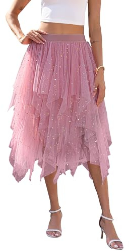 Sopesil Tüll Röcke für Damen Pailletten Tüllrock Layered Puffy Fee Glitzer Röcke Unregelmäßiger Elegant A-Linie Tutu Rock