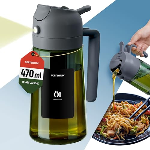 PORTENTUM Pulverizador aceite spray 470 ml 2 en 1 con función spray y vertido – Aceitera antigoteo vidrio verde con protección a la luz – Con etiquetas multidioma – Air fryer ensaladas y parrilla