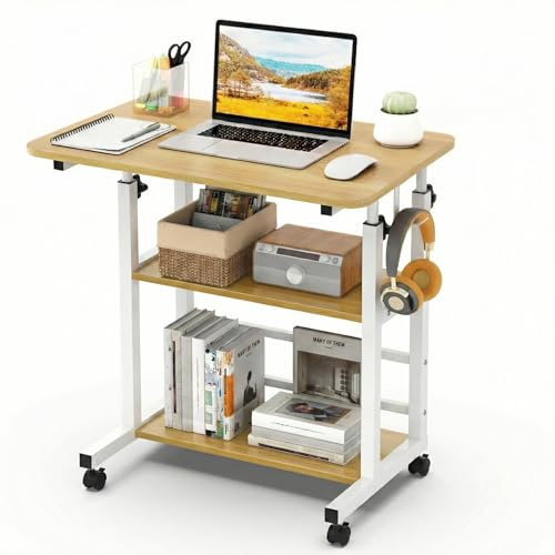 Huracan Mobiler Betttisch mit Rollen 60×40×56–82 cm, 3 Ablagen, Höhenverstellbar, H-Stahlrahmen Besonders Stabil, Laptop- & Pflegetisch mit Feststellfunktion, Walnuss