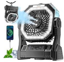 Ventilatore da campeggio con Nebulizzatore, Ricaricabile USB Ventilatore | 20000mAh Ventilatore da Tavolo 4 Velocità 270° Regolabile con Timer e LED Alimentato a batteria per Viaggi, Picnic, Pesca