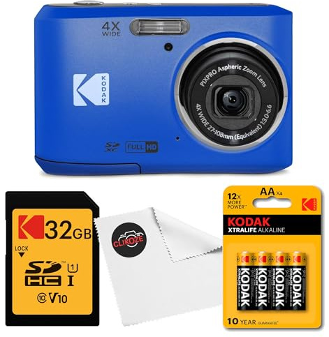 Kodak PIXPRO FZ45 - Fotocamera digitale con scheda di memoria SDHC classe 10 da 32 GB, batterie Kodak AA Xtralife (confezione da 4) e panno per lenti Clikoze