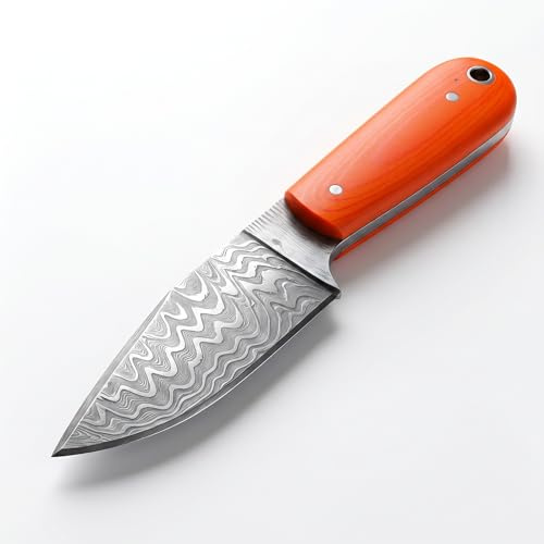 ZADE Cuchillo de Caza Hunting Tracker con Mango de Micarta Naranja – Acero Damasco Inoxidable 440C/J2 – Hoja 10 cm – Cuchillo Outdoor Profesional Resistente y Polivalente (Acero inoxidable)