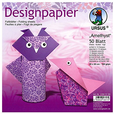 Ursus 22845199 - Designpapier Amethyst, 50 Blatt in 10 verschiedenen Motiven, ca. 20 x 20 cm, 100 g/qm, beidseitig bedruckt, ideal zum Falten von kreativen Origami Tieren
