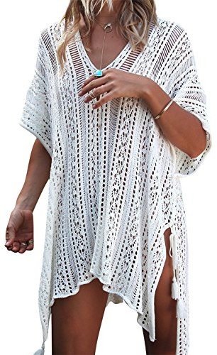 Womens Beachwear Cover Ups, Women's Bathing Suit Cover Up Beach Bikini Swimsuit Swimwear Crochet Dress (White)