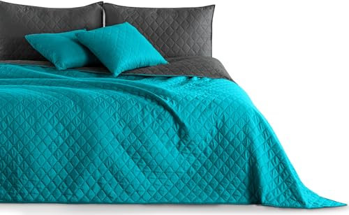 DecoKing Tagesdecke 240 x 260 cm Petrol Graphit grau Bettüberwurf zweiseitig pflegeleicht Axel