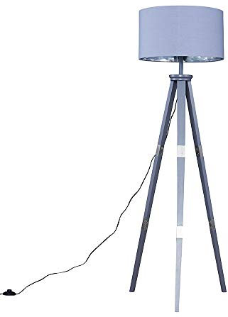 MiniSun Large Modern Grey Wood & Metal Tripod Design Floor Lamp with a Grey/Chrome Cylinder Shade - Complete with a 6w LED GLS Bulb [3000K Warm White]