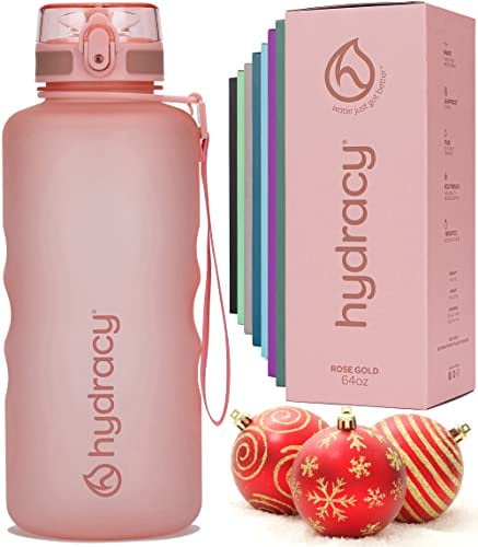 Hydracy Water Bottle with Time Marker - Large 2 Litre BPA Free Bottle & No Sweat Sleeve - Leak Proof Gym Bottle with Fruit Infuser Strainer & Times to Drink - Ideal for Fitness, Sports & Outdoors