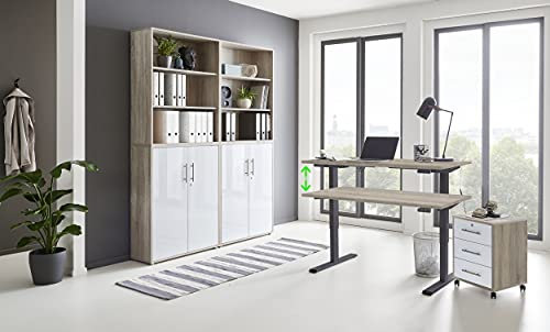 Büromöbel komplett Set mit elektrisch höhenverstellbaren Schreibtisch Arbeitszimmer e-Dition in Eiche Sonoma/Weiß Matt Gestell Anthrazit… (Set 11)